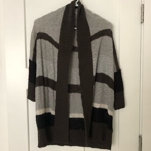 Forever 21 Black, Gray, Brown Striped Boxy Cardigan Sweater, 3/4 Sleeves, Small